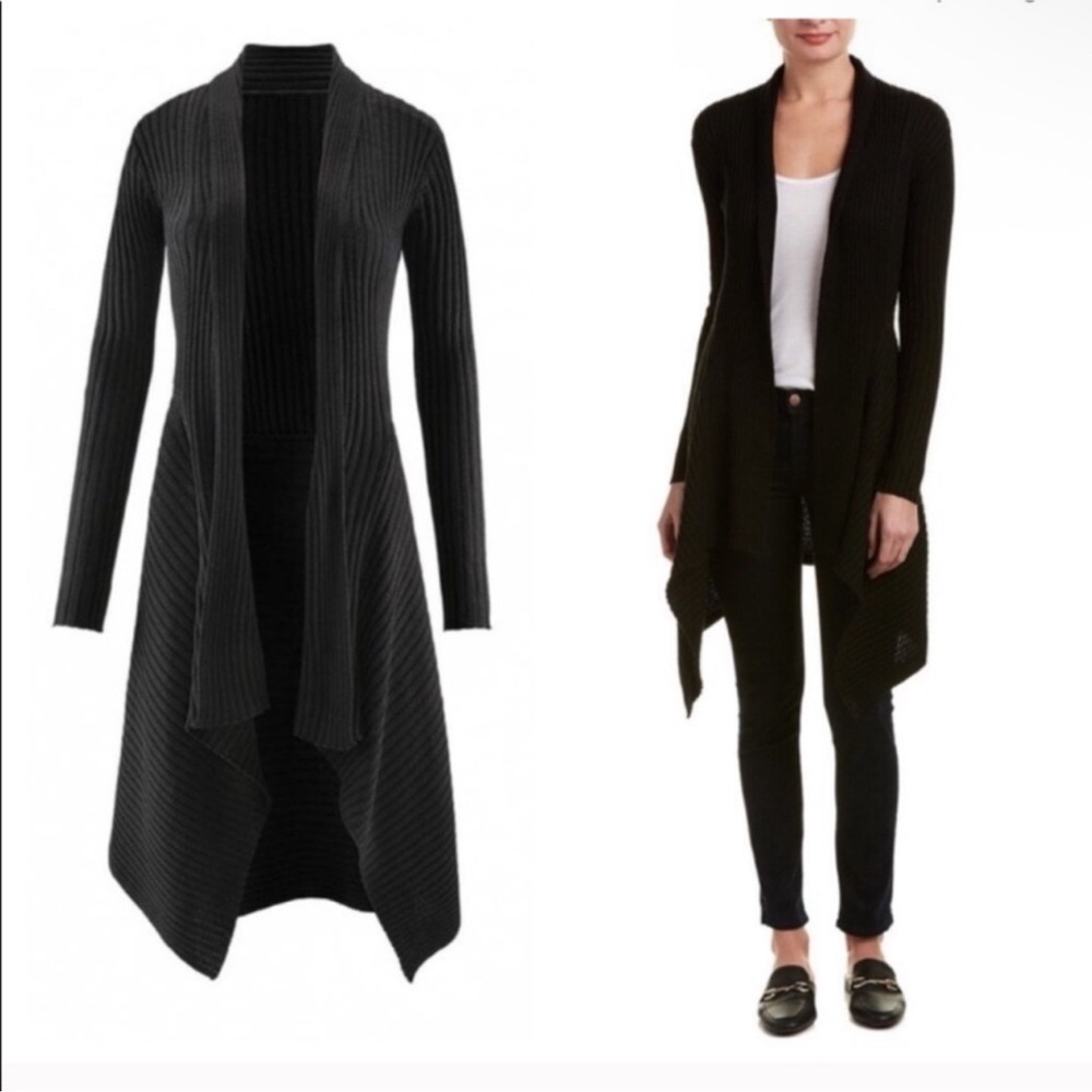 Cabi 3164 Black Sweetheart Ribbed Open Waterfall Duster Cardigan Sweater